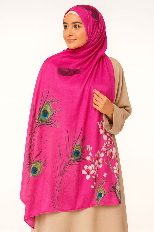 Large Satin Silk Scarf - Hot Pink Peacock Floral