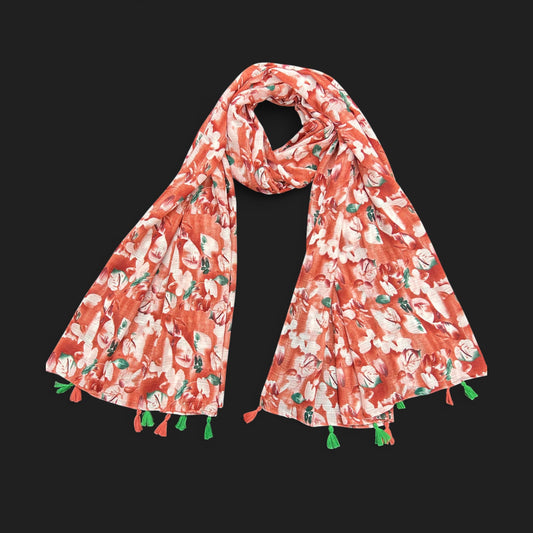 Coral Pink Green Floral Printed Modal Hijab