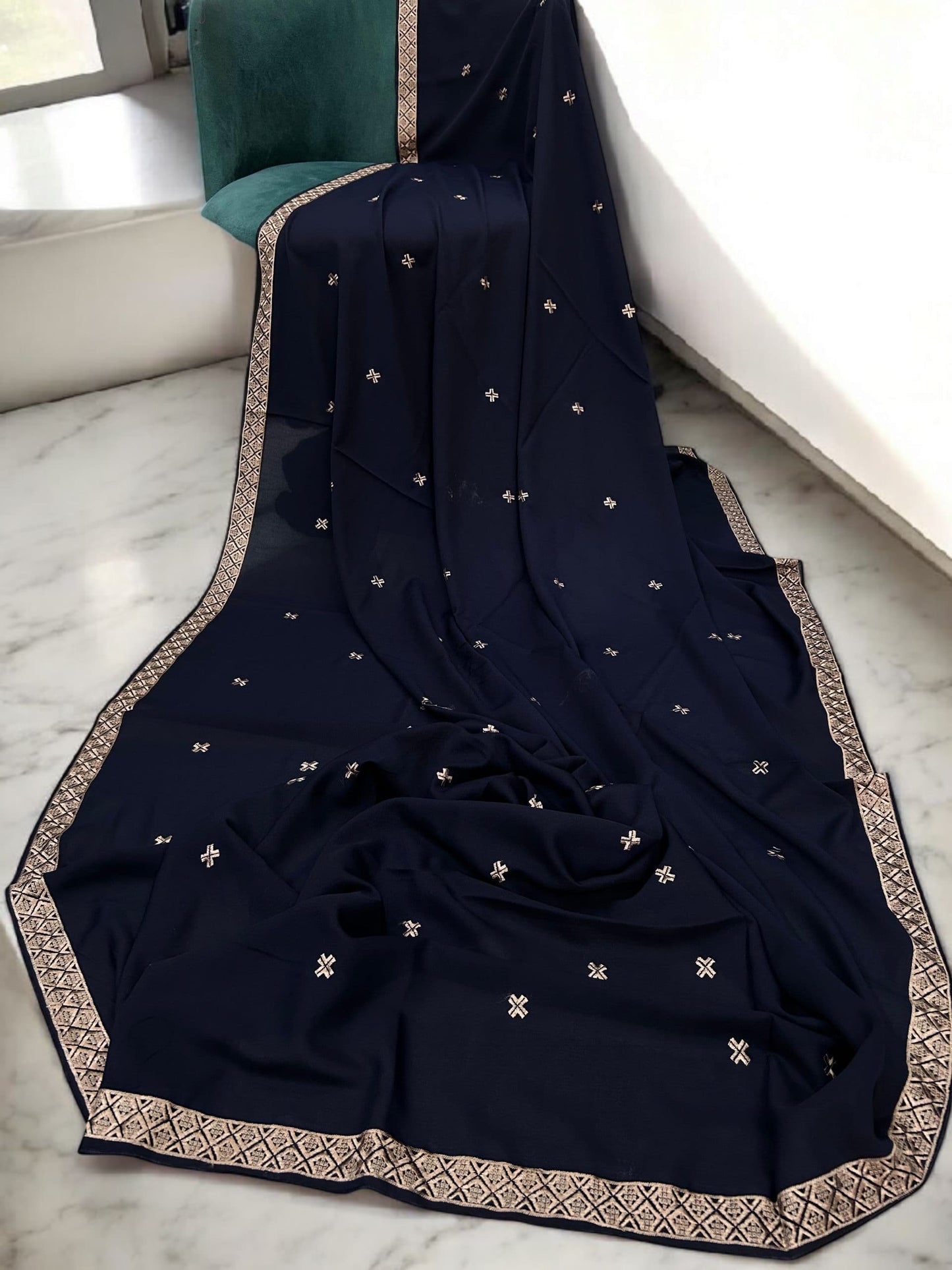 Navy Blue Cream Curved Border Embroidered Shaal