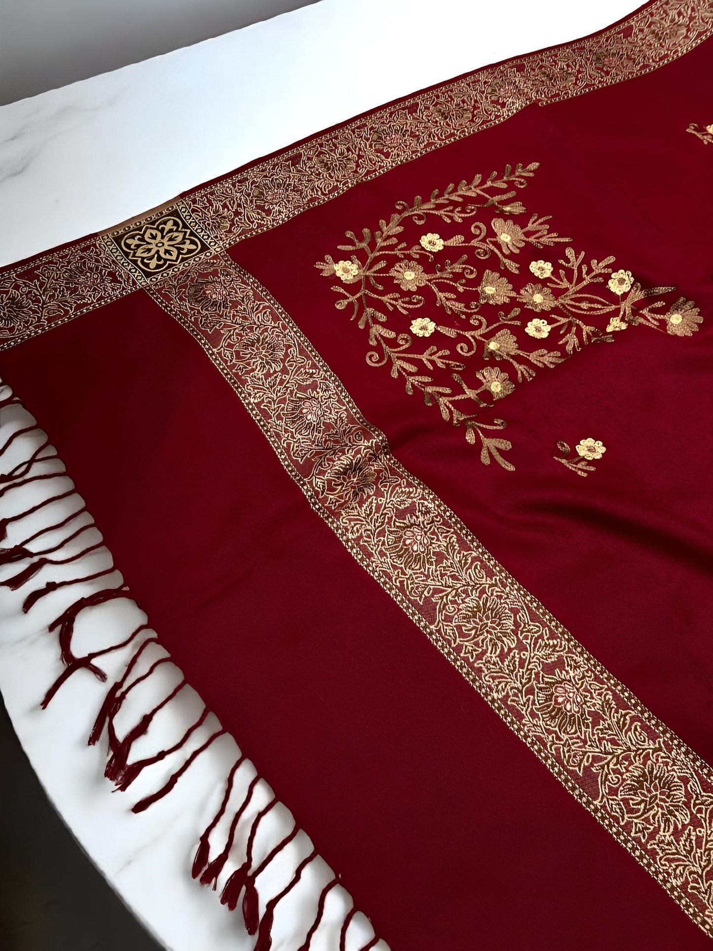 Red Gold Border Embroidered Peach Floral Shawl