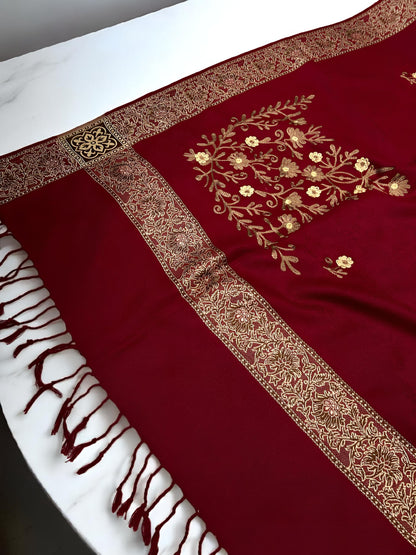 Red Gold Border Embroidered Peach Floral Shawl