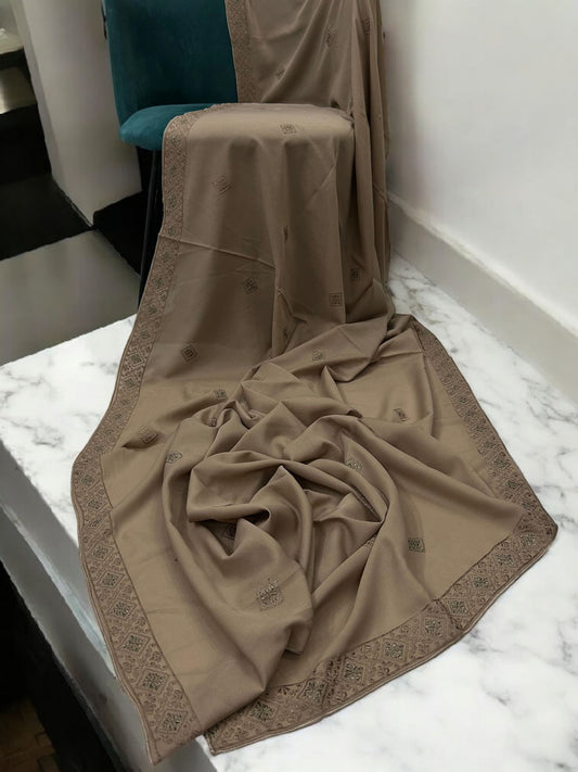 Soil Brown Squares Threadwork Embroidered Border Shaal