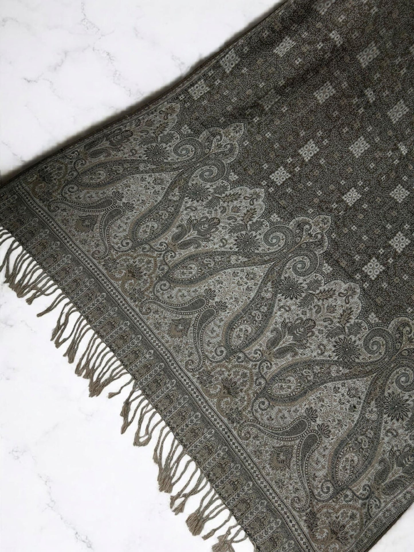 Threadwork Paisley Pashmina Shawl - Matcha Grey White