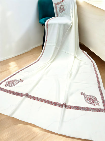 White Orange - Hand Embroidered Paisley Kashmiri Shawl