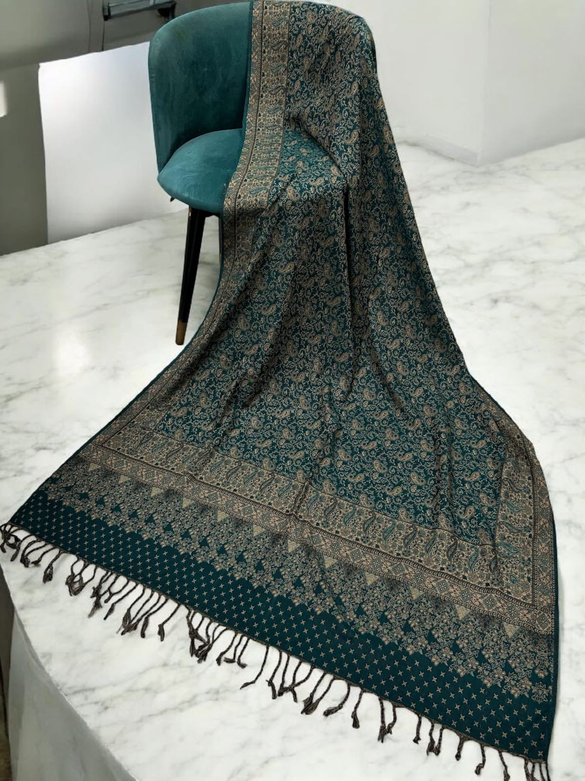 Starry Paisley Pashmina Shawl - Sea Green Beige