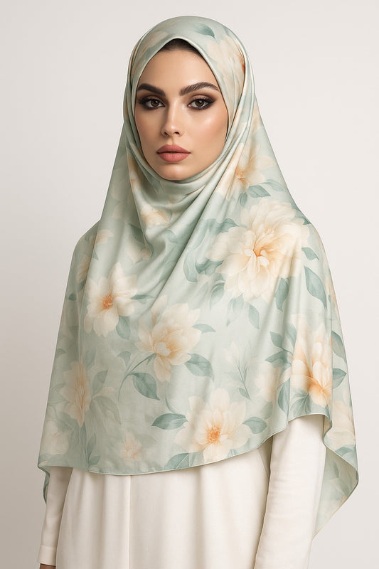 Large Satin Silk Scarf - Pastel Blue Floral