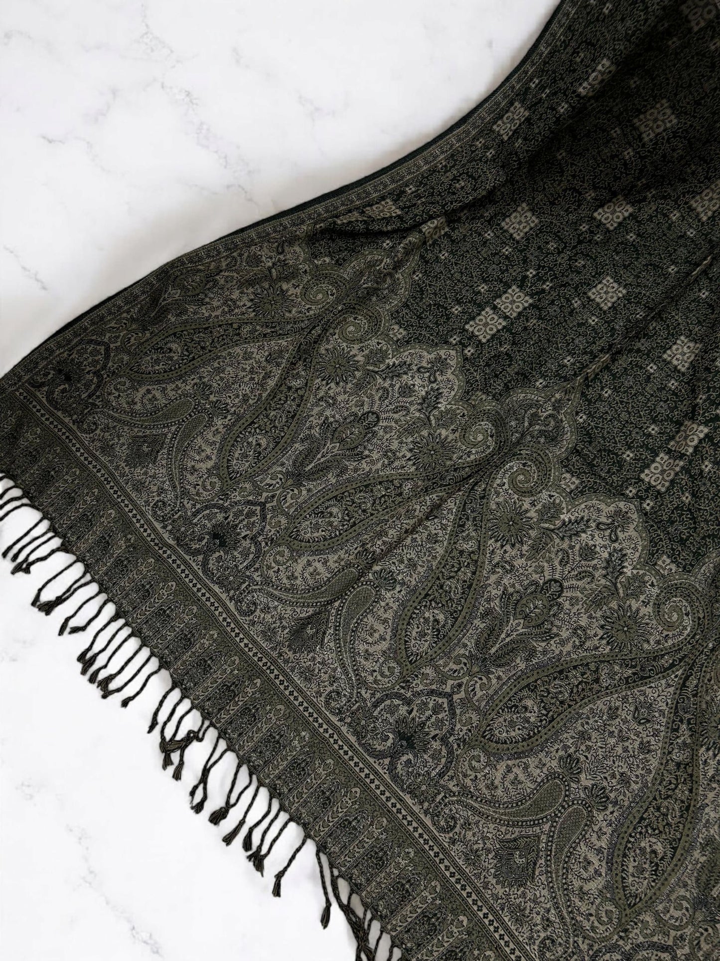 Threadwork Paisley Pashmina Shawl - Army Green Beige