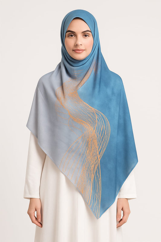 Large Satin Silk Scarf - Blue Cloudy Beige