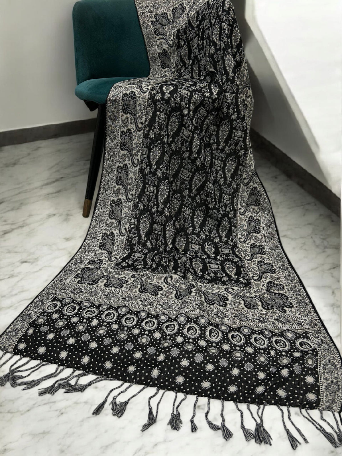 Black Grey Creamy dotted two-tone Paisley Pashmina Hijab