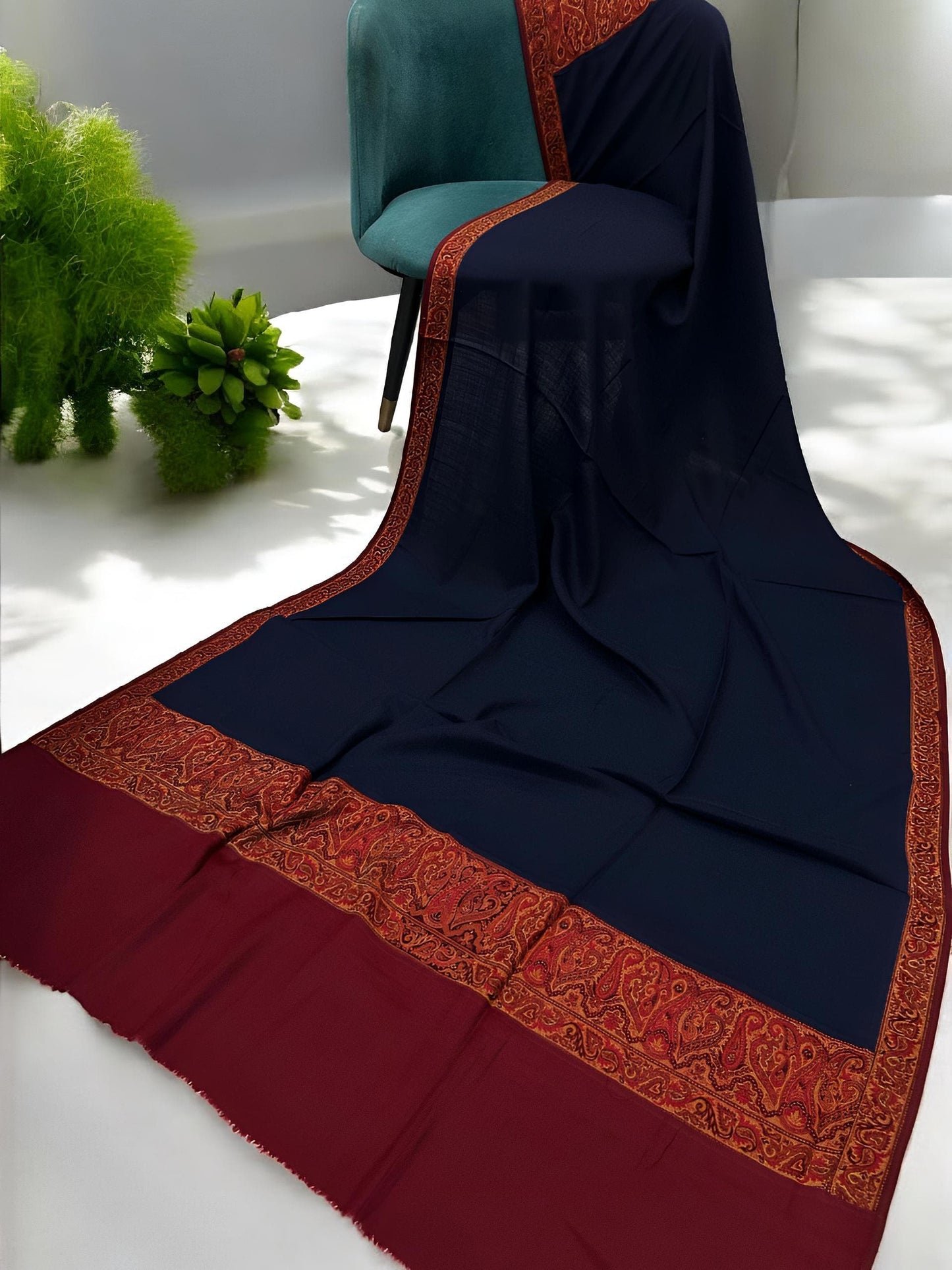 Navy Blue Maroon Patchwork Border Shawl