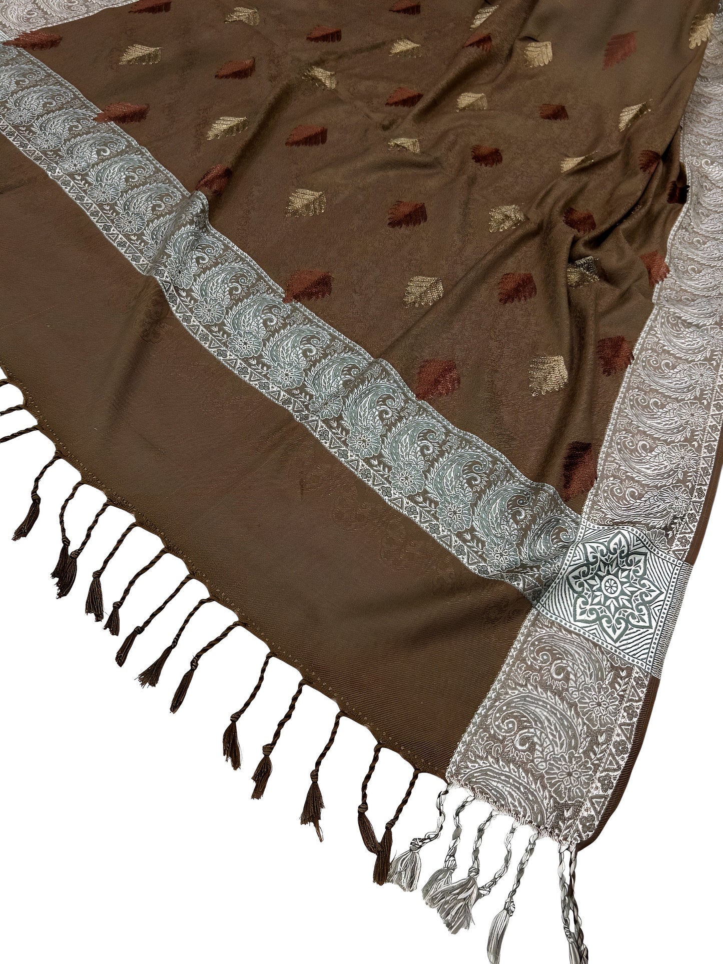 Coffee Brown - Leaflet Kashmiri Border Shawl
