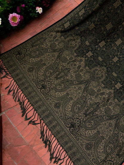 Threadwork Paisley Pashmina Shawl - Uniform Green Beige