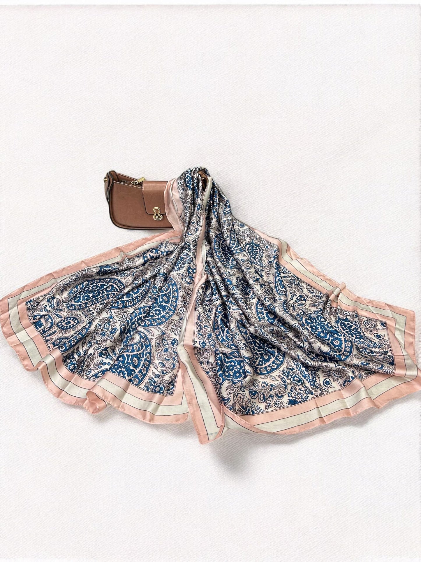 Large Satin Silk Scarf - Pink Blue Floral Paisley