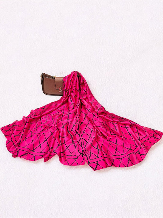 Large Satin Silk Scarf - Hot Pink Diamond Check