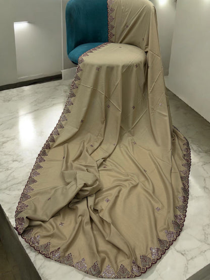 Ecru Brown Maroon Cutwork Embroidered Shaal