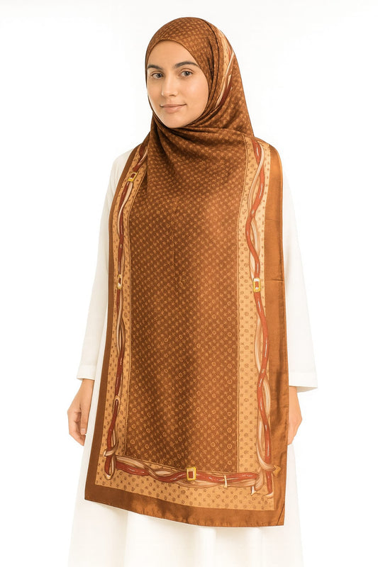Large Satin Silk Scarf - Caramel Camel LV