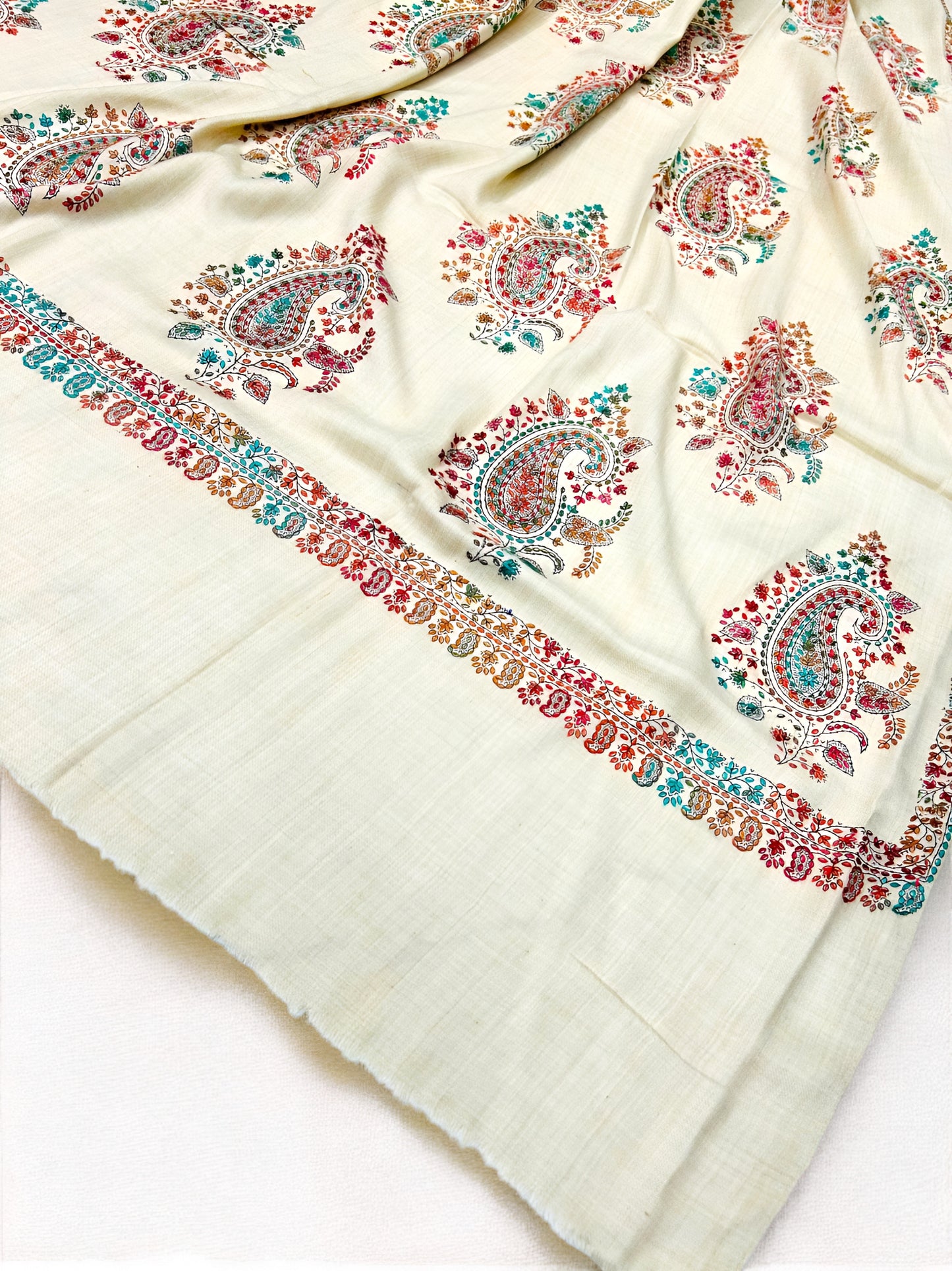 Beige Multi - Hand Embroidered Paisley Kashmiri Shawl