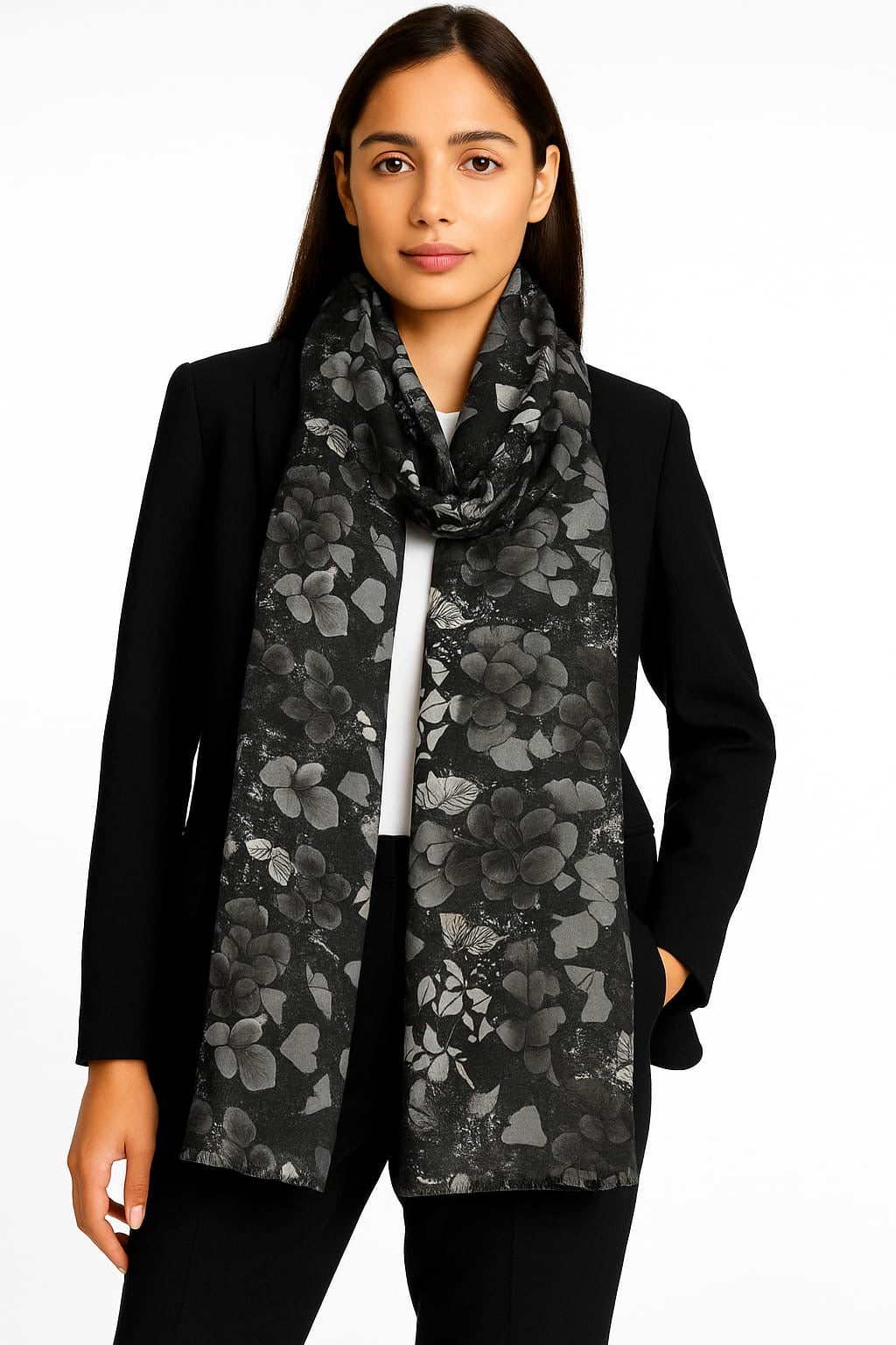 Printed Viscose Wool Hijab - Grey Black Floral