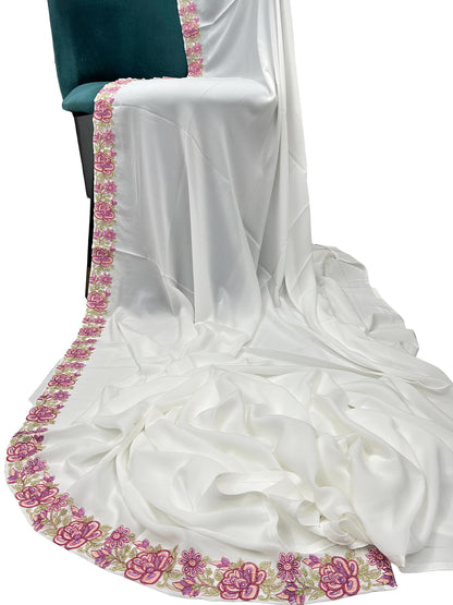 Luxury Pure White Floral Border Korean Shaal