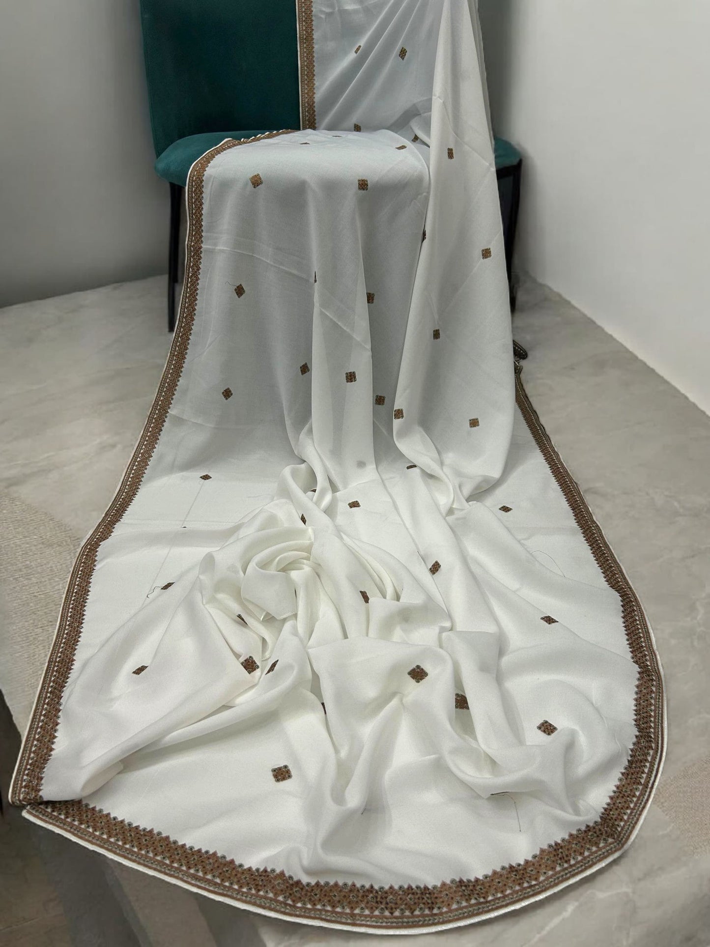 White Brownie Square Embroidered Shaal