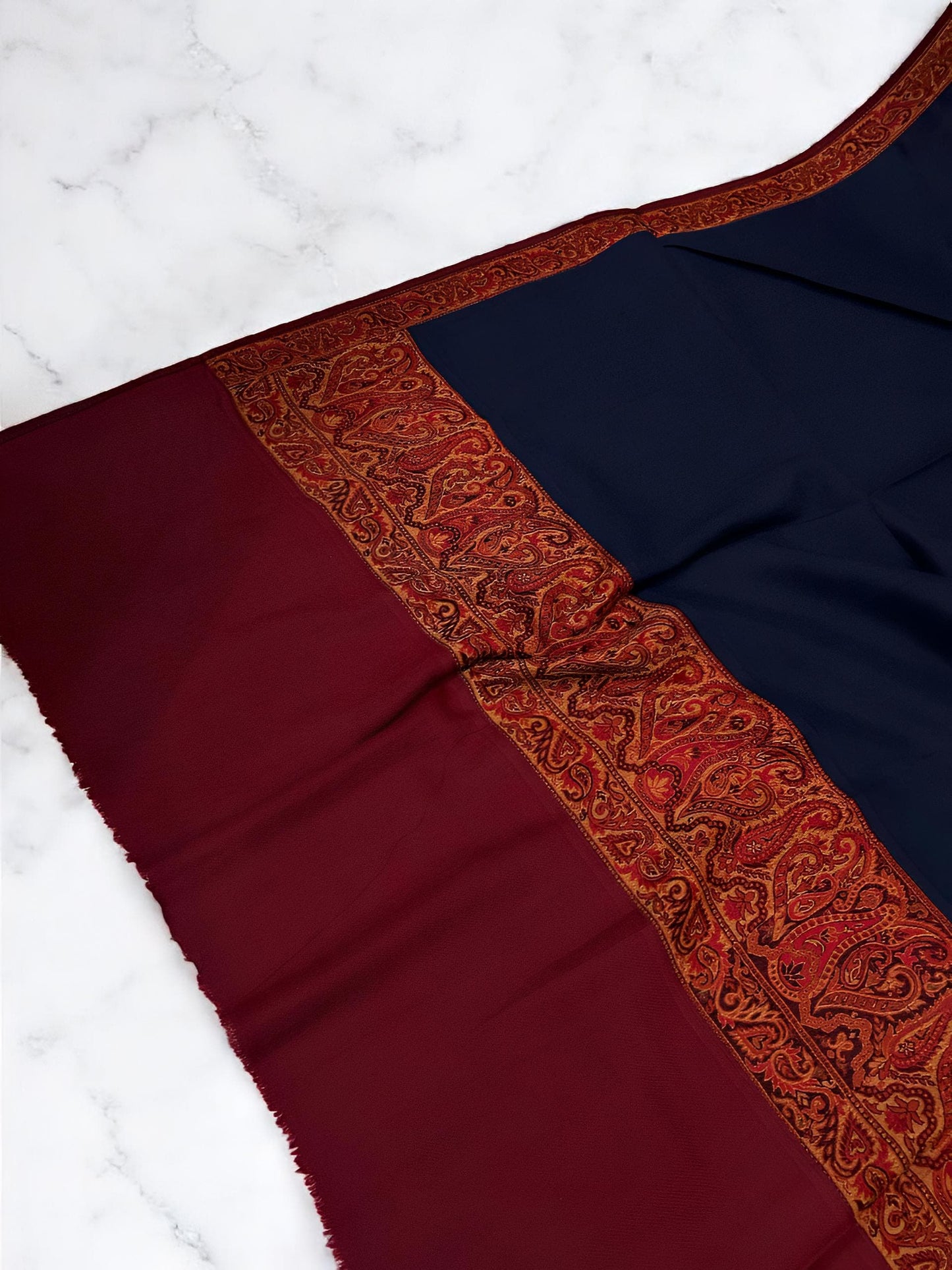 Navy Blue Maroon Patchwork Border Shawl