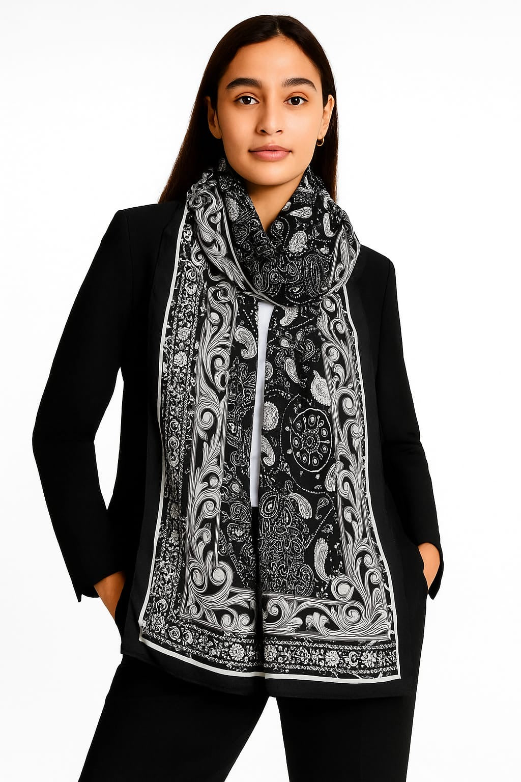 Printed Viscose Wool Hijab - Black Paisley