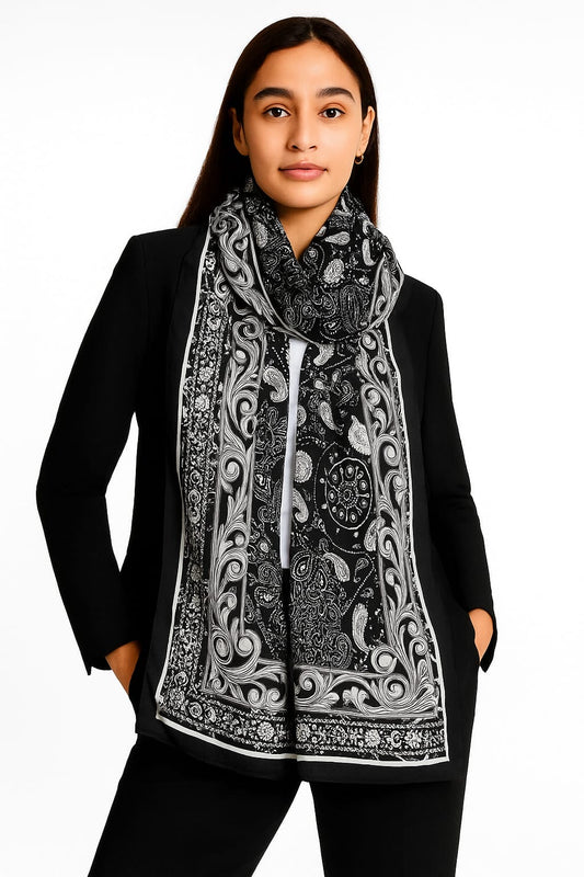 Printed Viscose Wool Hijab - Black Paisley
