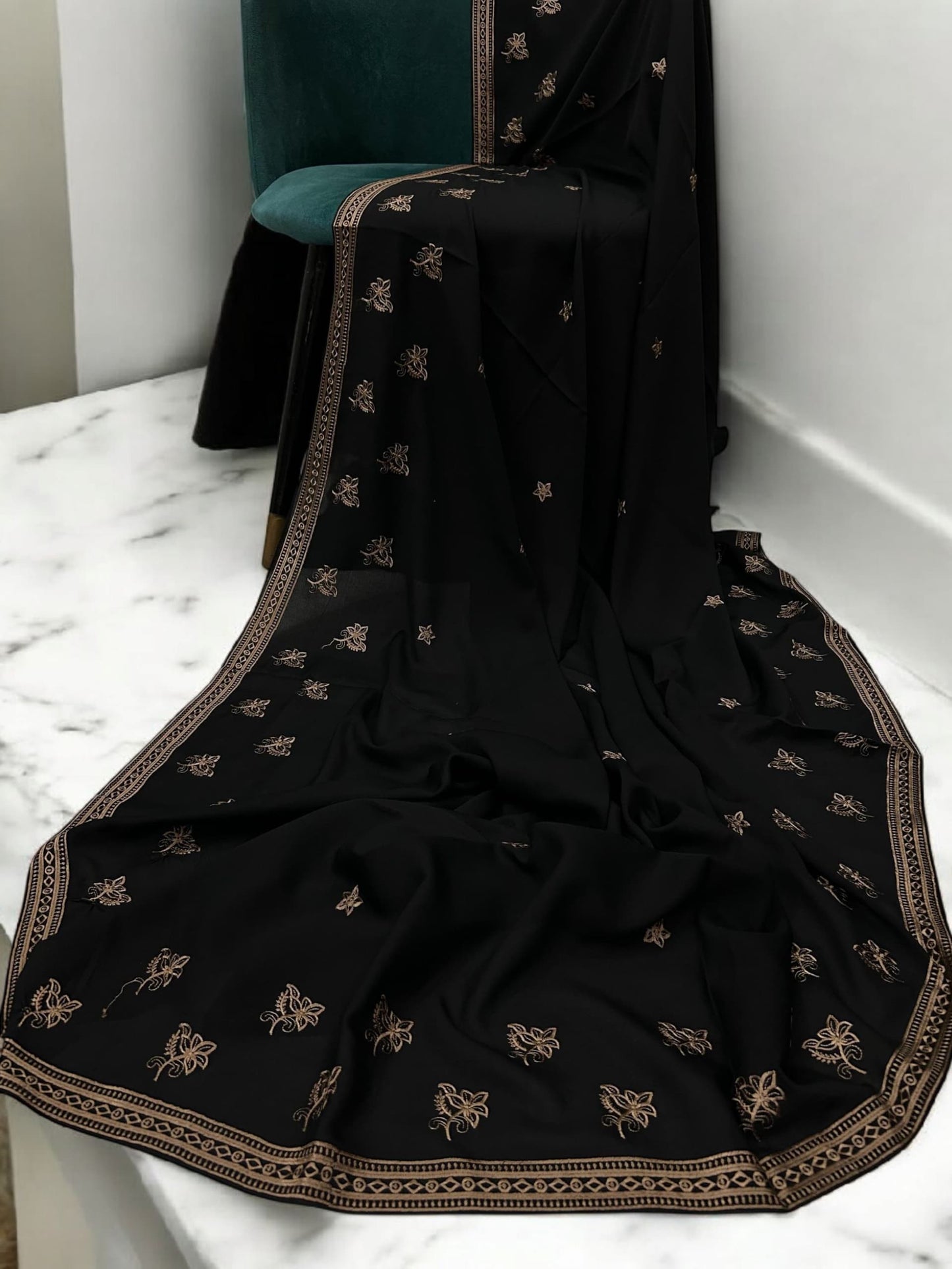 Black Peach Fancy Double Embroidered Floral Shaal