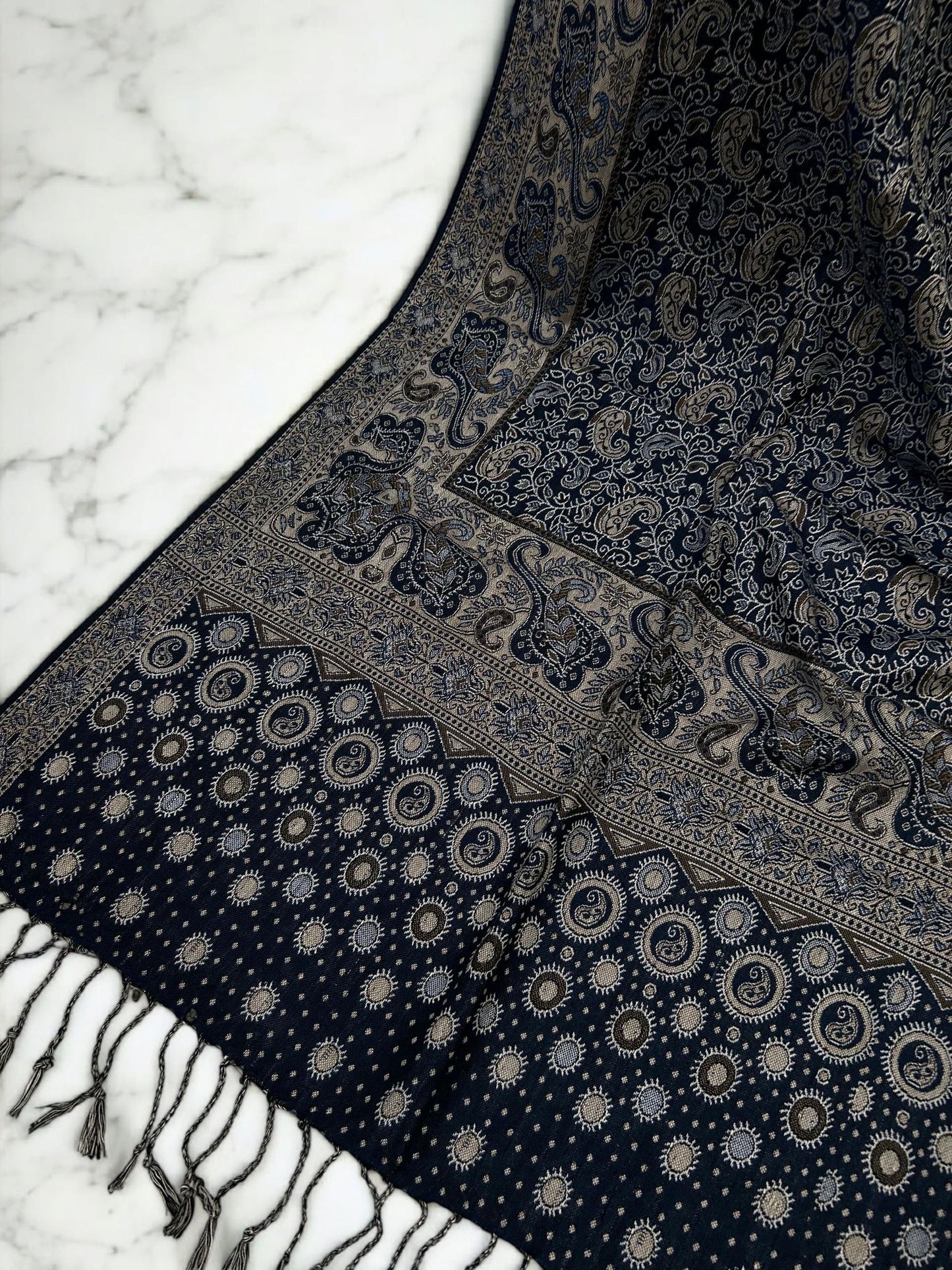 Midnight Blue Fawn Dotted Two-tone Paisley Pashmina Hijab
