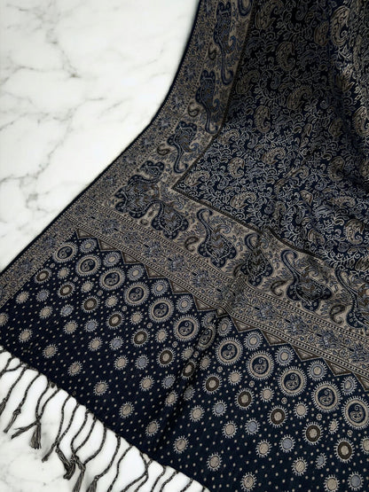 Midnight Blue Fawn Dotted Two-tone Paisley Pashmina Hijab