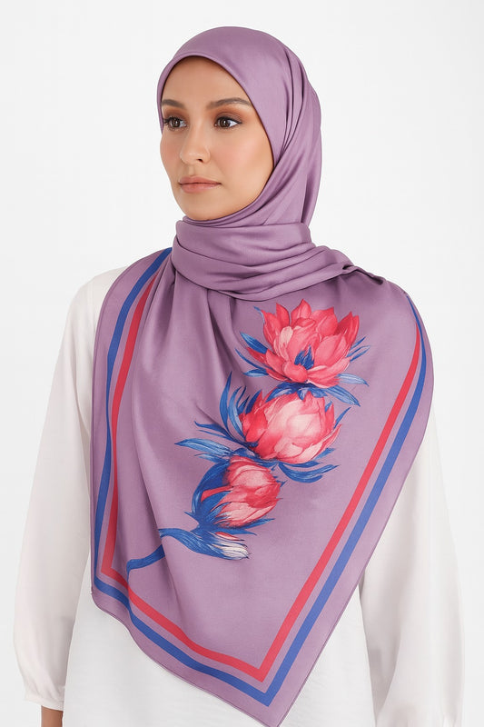 Large Satin Silk Scarf - Mauve Floral