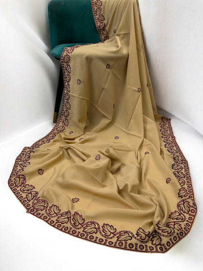 Khaki Maroon Leaflets Fancy Embroidered Shaal