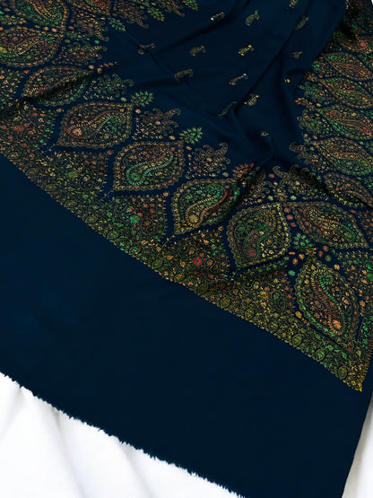 Midnight Blue Multi - Hand Embroidered Paisley Kashmiri Shawl