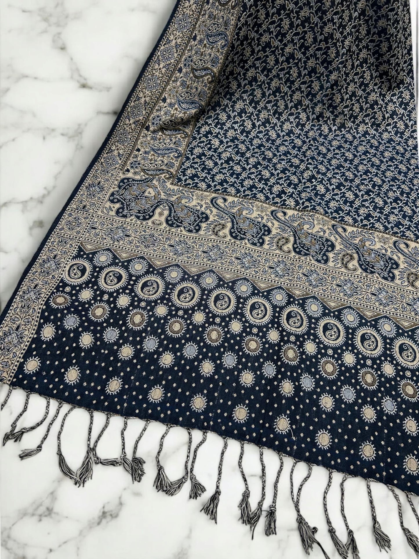Midnight Blue Cream Dotted two-tone Paisley Pashmina Hijab