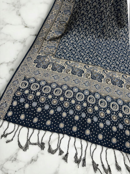 Midnight Blue Cream Dotted two-tone Paisley Pashmina Hijab