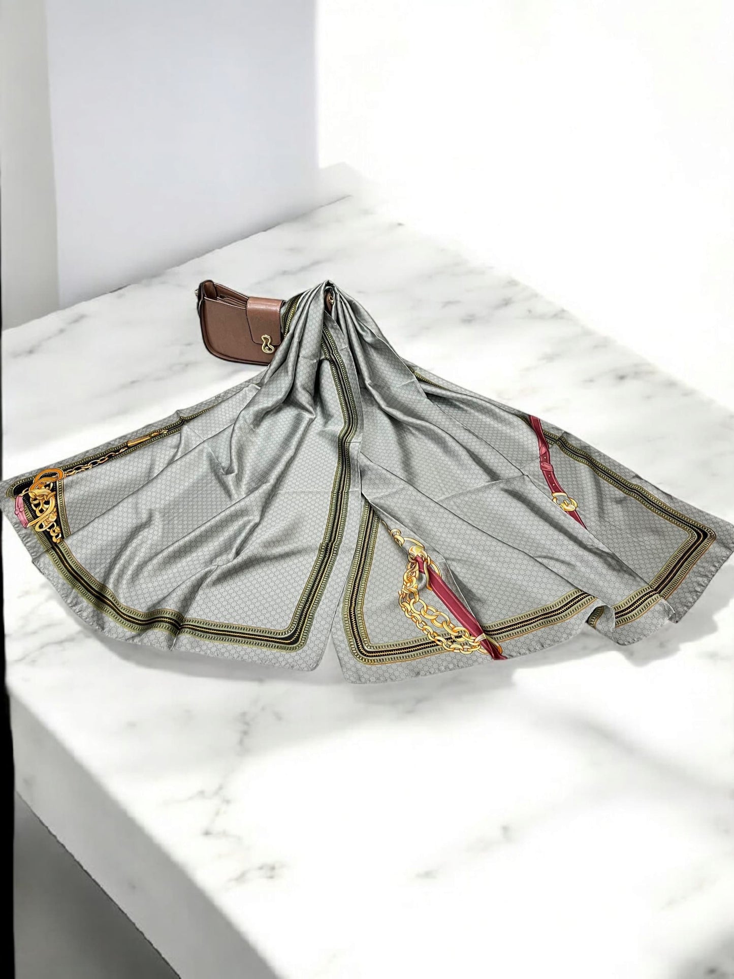 Large Satin Silk Scarf - Silver Grey Chain