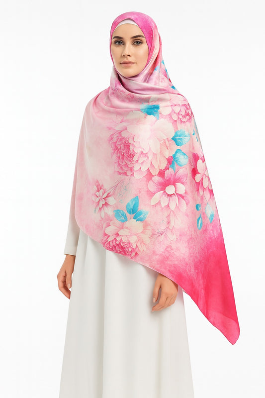 Large Satin Silk Scarf - Shades of Barbie Pink Floral