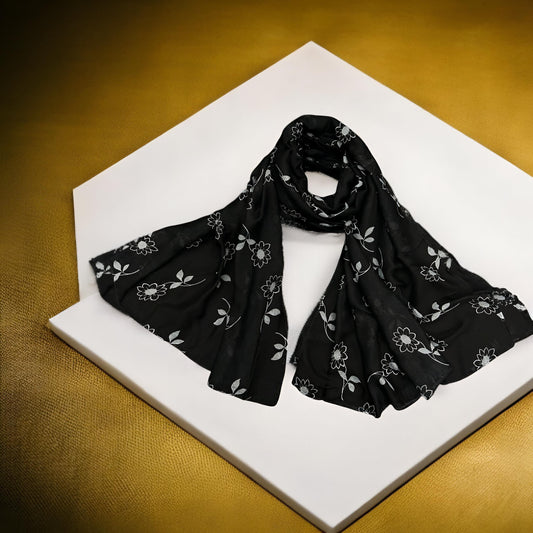 Black Grey Sunflower Printed Modal Hijab