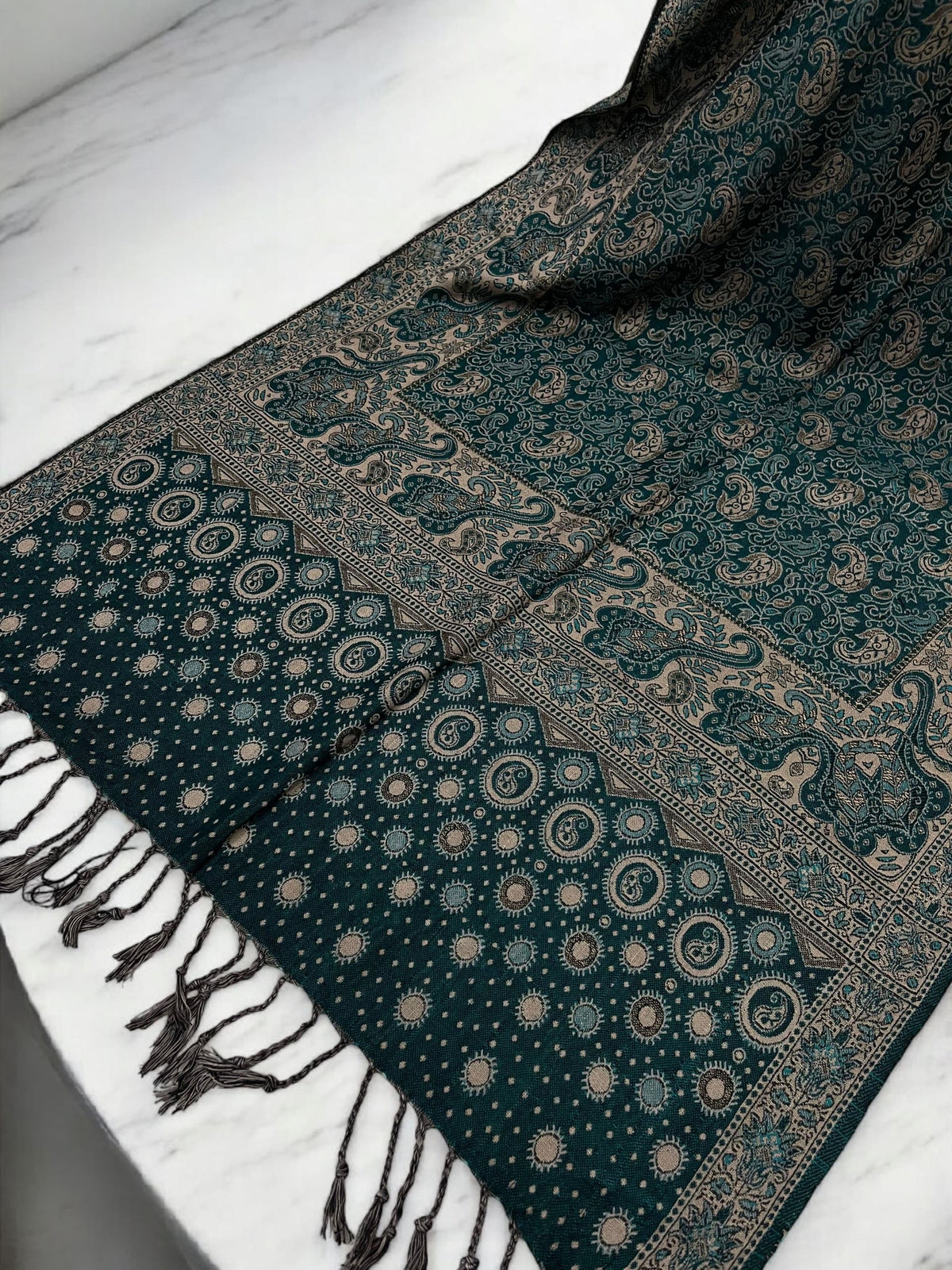 Jade Green Beige Dotted Two-tone Paisley Pashmina Hijab