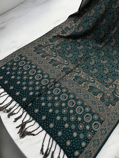 Jade Green Beige Dotted Two-tone Paisley Pashmina Hijab