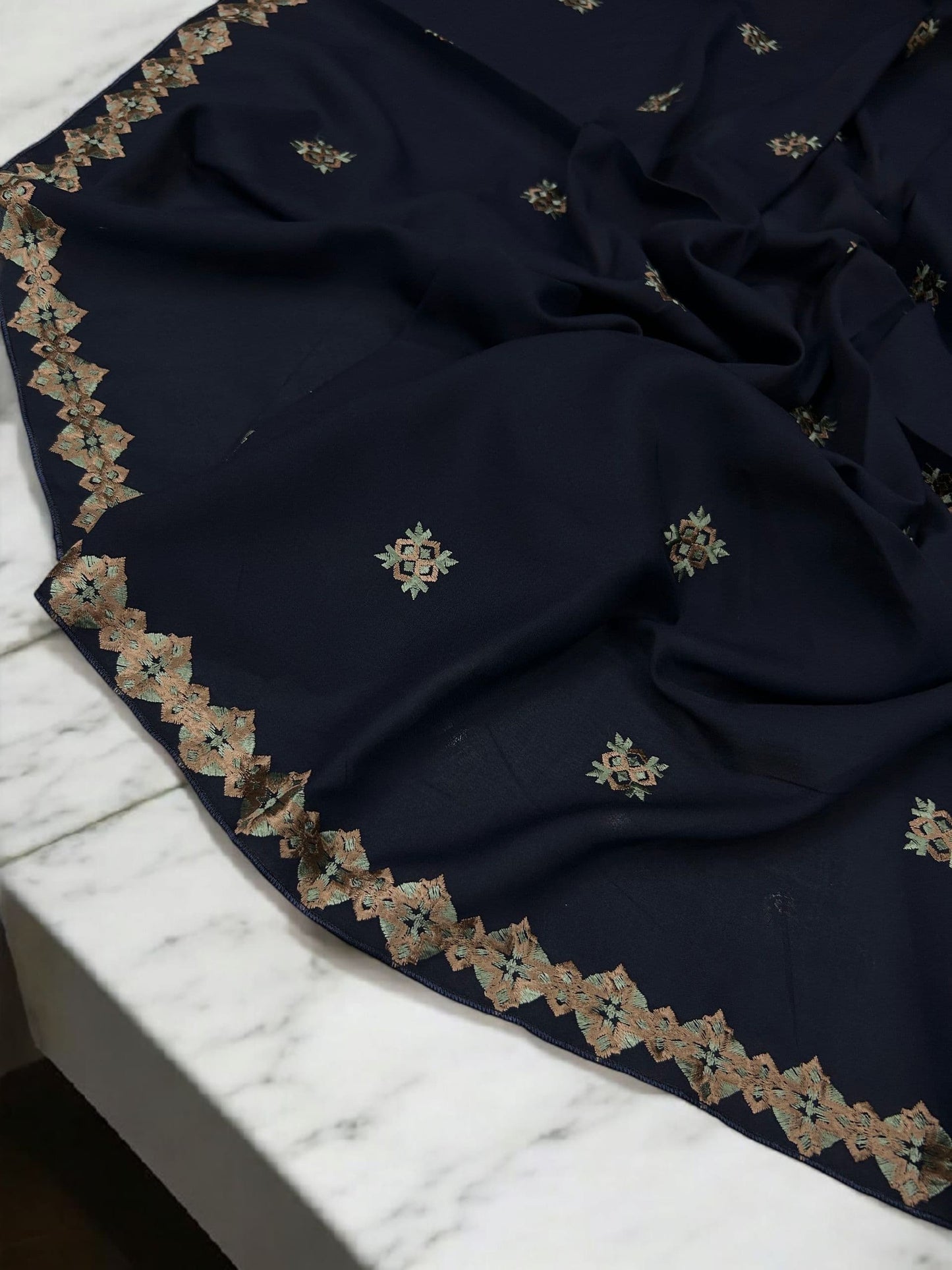Navy Peach Floral Diamond Embroidered Shaal