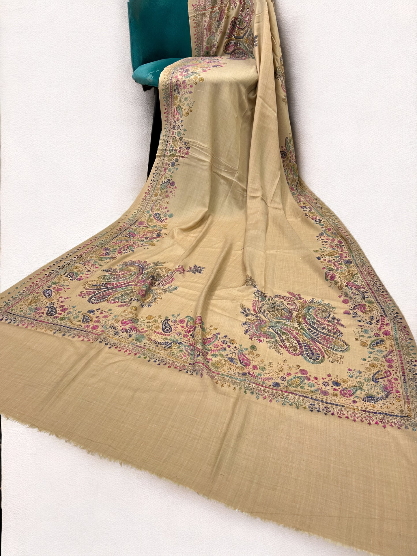 Beige Pink Multi - Hand Embroidered Paisley Kashmiri Shawl