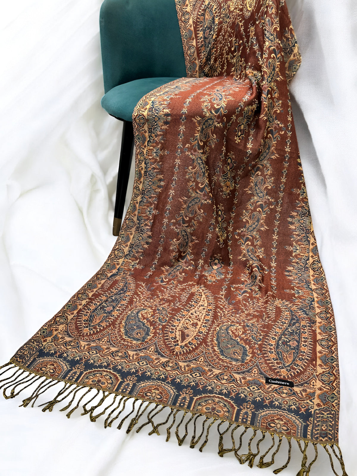 Caramel Fawn Teal Persian Linear Paisley Two-Tone Pashmina Hijab