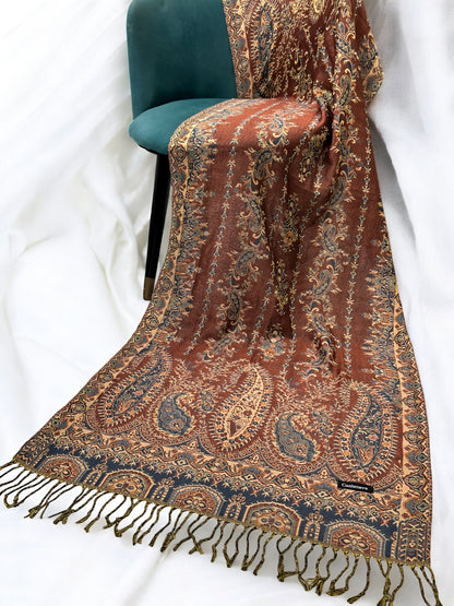 Caramel Fawn Teal Persian Linear Paisley Two-Tone Pashmina Hijab