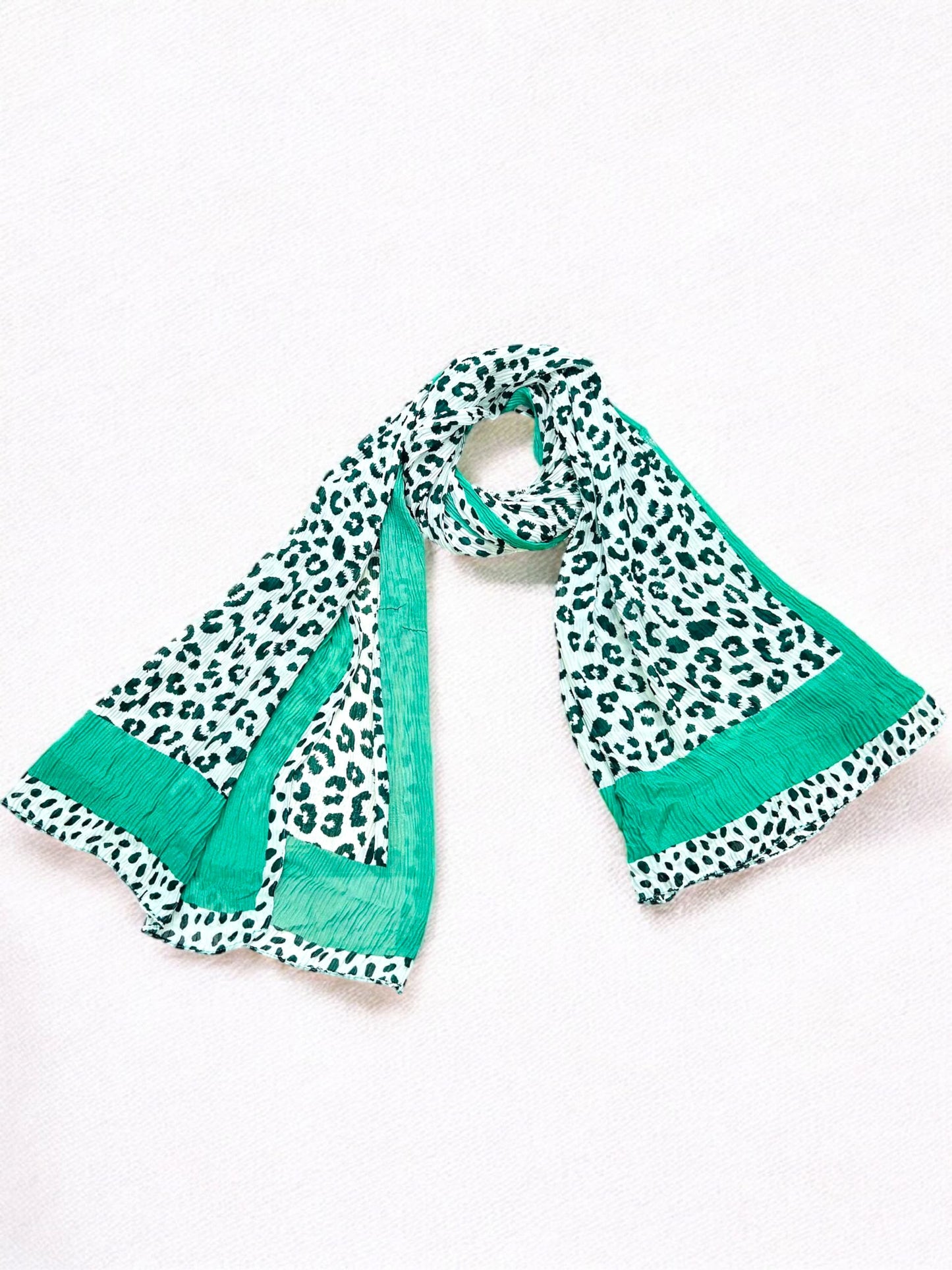 Mint Cyan Plain Border Leopard Printed Pleated Modal Hijab