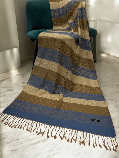Blue Beige Damask Stripes Pashmina Hijab