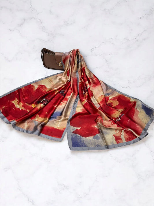 Large Satin Silk Scarf - Maroon Silver Blue Floral
