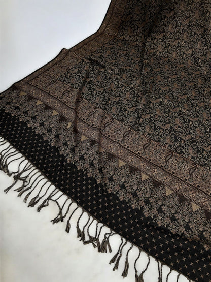 Threadwork Paisley Pashmina Shawl - Black Brown Beige