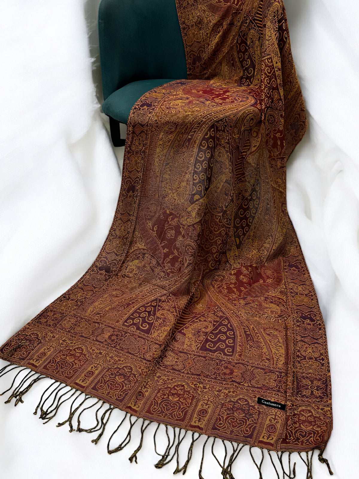 Mustard Gold Brown Persian Paisley Dual-Tone Pashmina Hijab