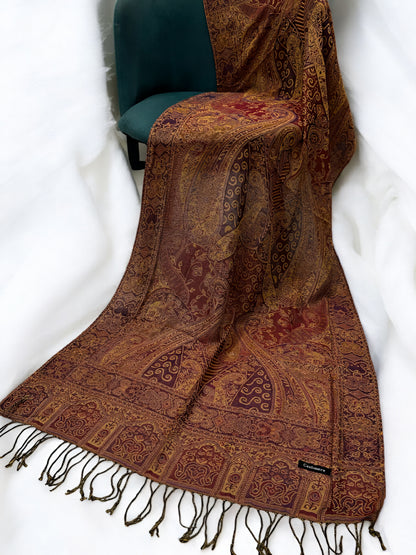 Mustard Gold Brown Persian Paisley Dual-Tone Pashmina Hijab